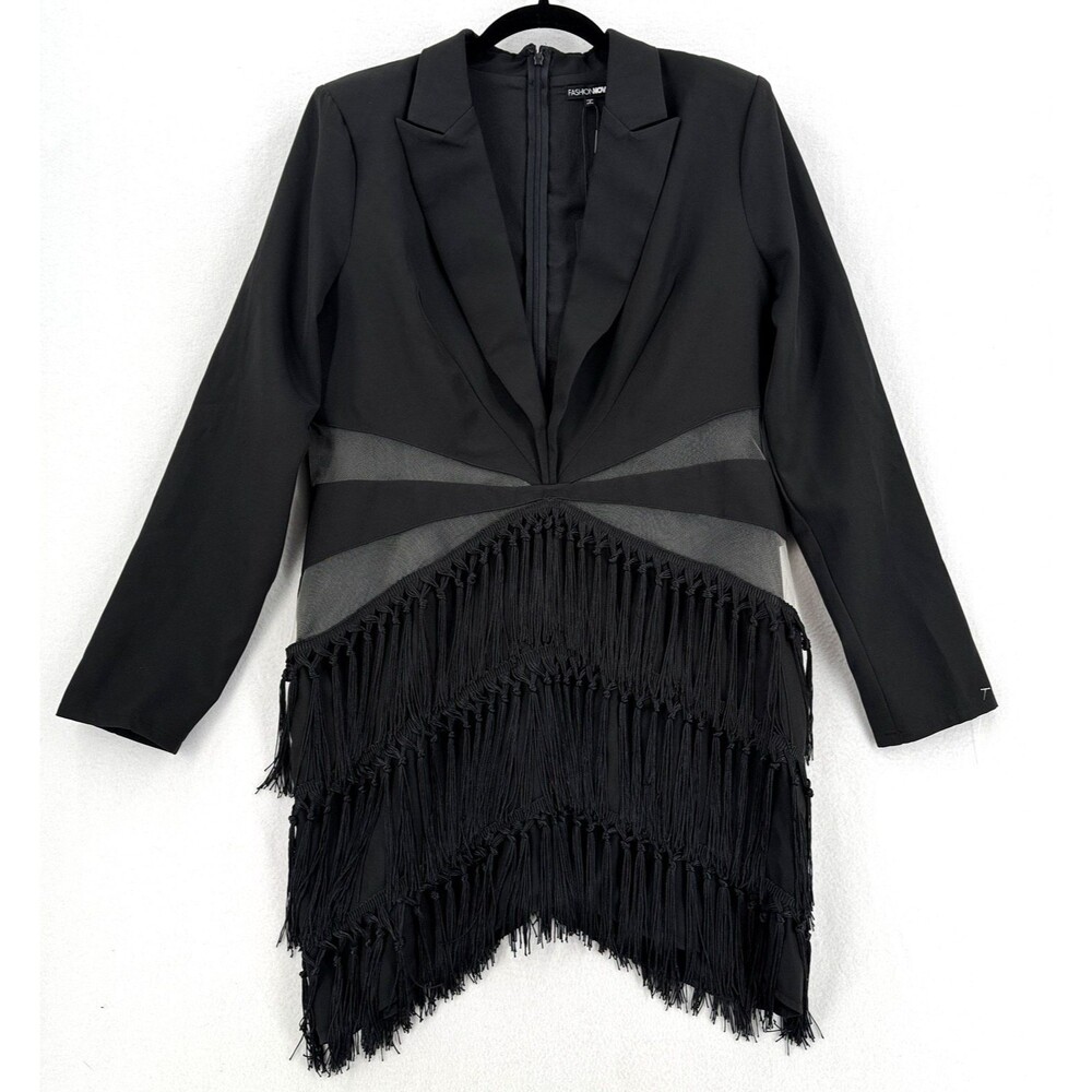 Fashion Nova Risque Business Blazer Mini Dress 1X Black Fringe Mesh Baddie NWT